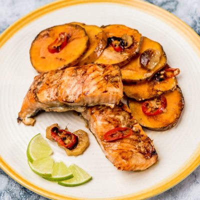 ginger baked salmon with sweet potatoes