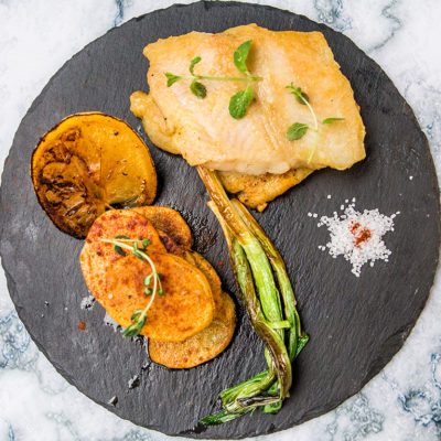 fried cod with roasted chili potatoes