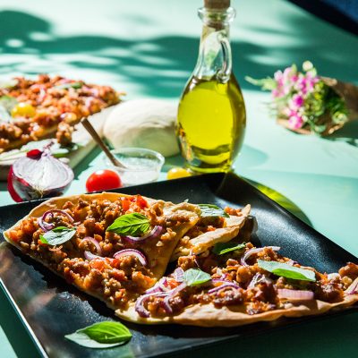 Sausage, Tomato and Basil Pizza